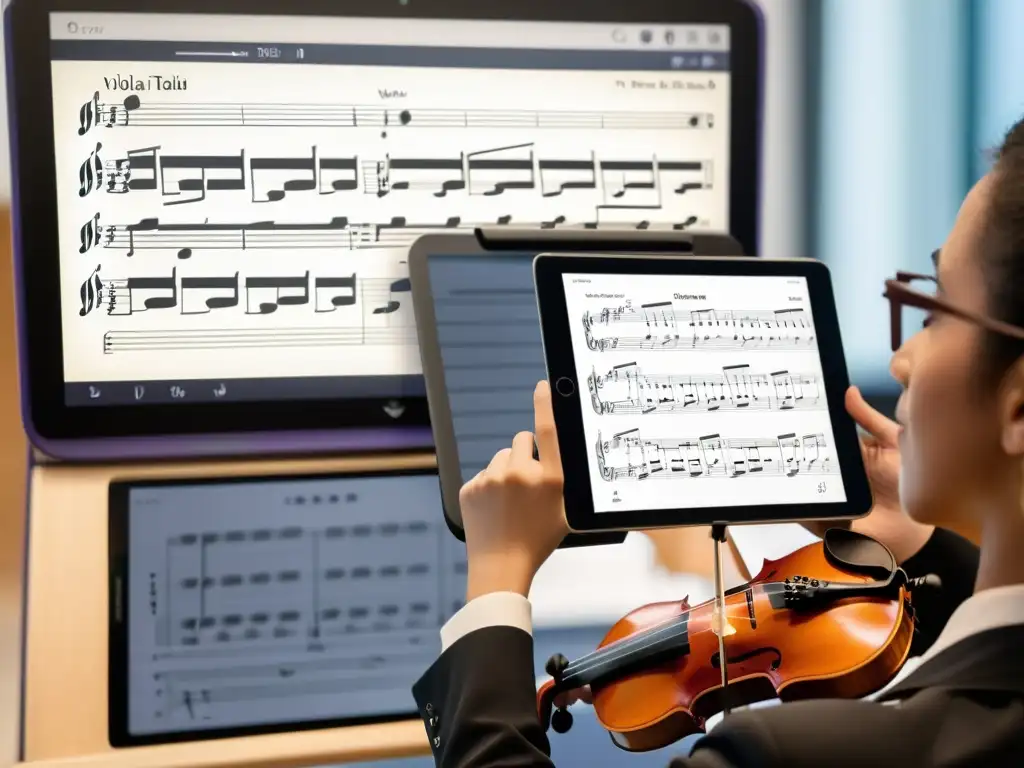 Un profesor innovador enseña violín y viola con una tableta digital, integrando tecnología de vanguardia en la educación de instrumentos de cuerda