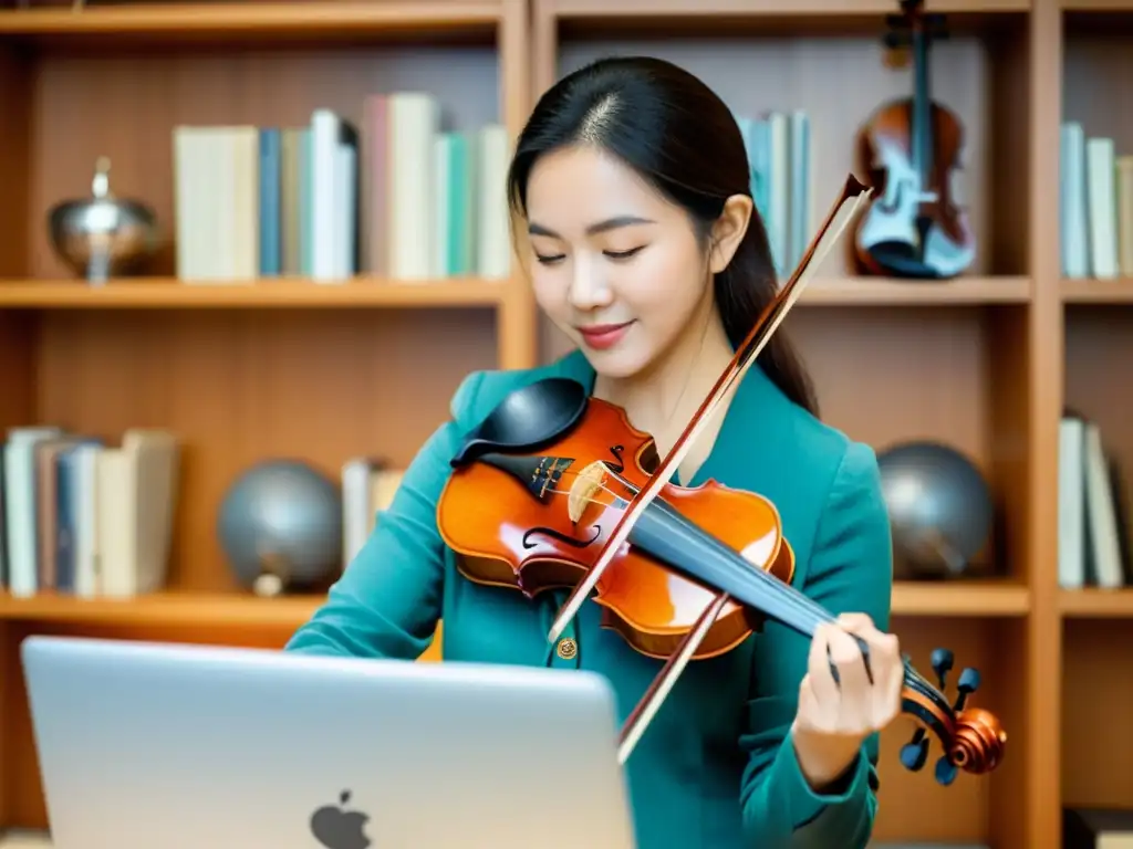 Un profesor de música dirige una lección de violín online con calidez y enfoque