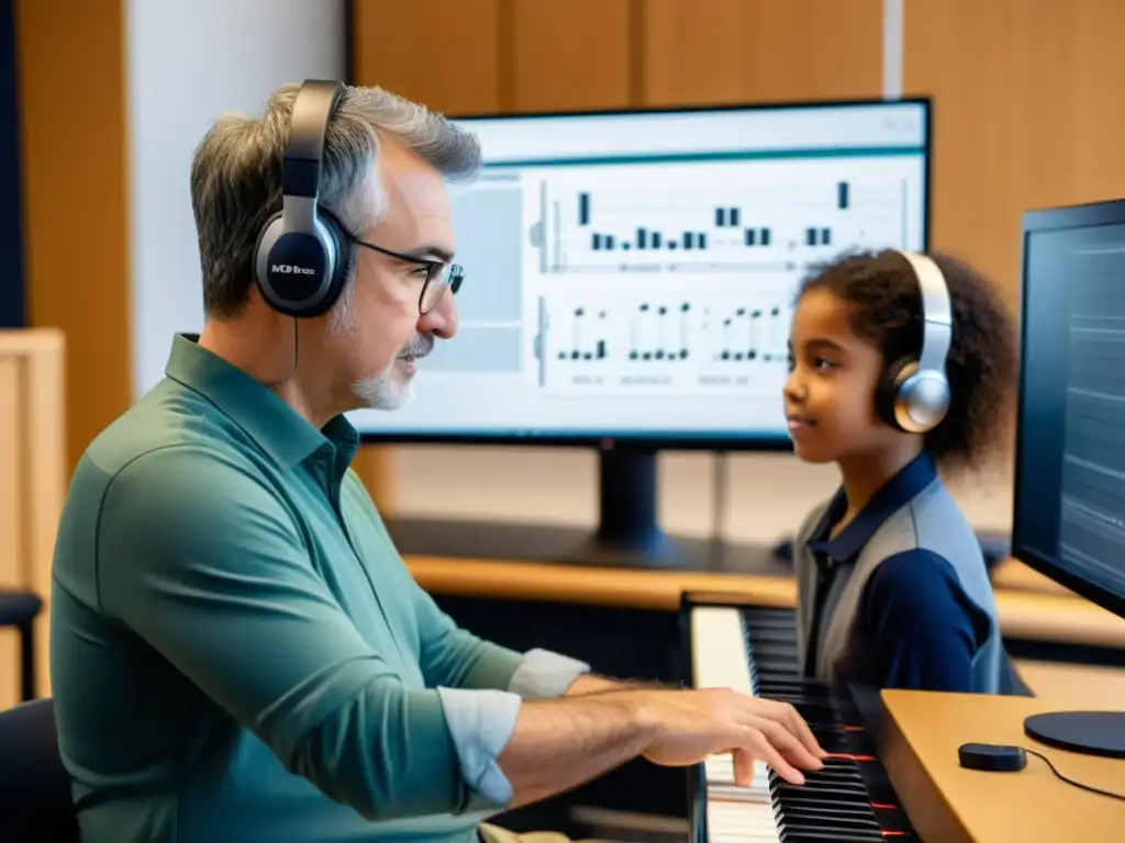 Profesor de música en lección virtual, preservando la técnica en instrumentos con enfoque y pasión