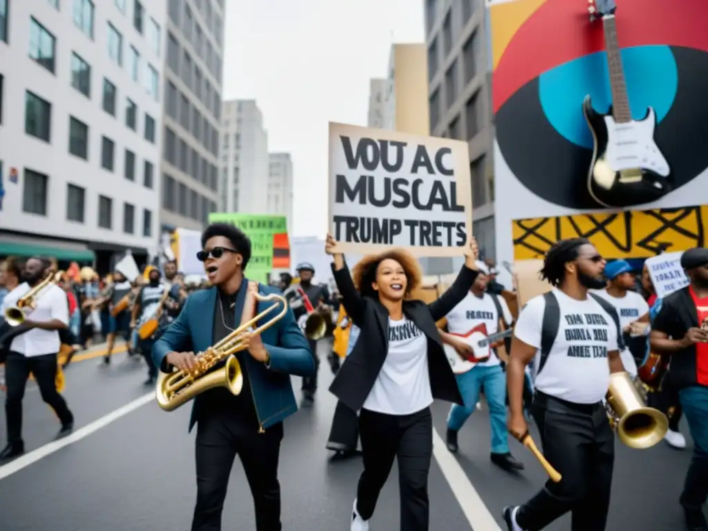 Protesta con música: manifestantes con instrumentos musicales como expresión política en las calles de la ciudad