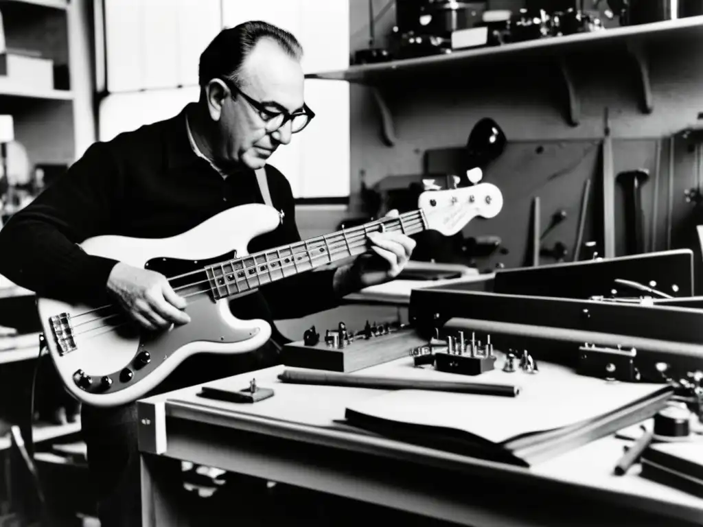 Leo Fender examina el prototipo del bajo Precision Bass en su taller en 1951, destacando la historia del bajo eléctrico en aula