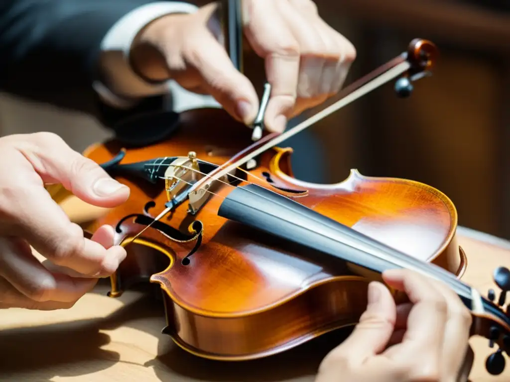 Un luthier ajusta meticulosamente el puente de un violín vintage, bañado en cálida luz natural