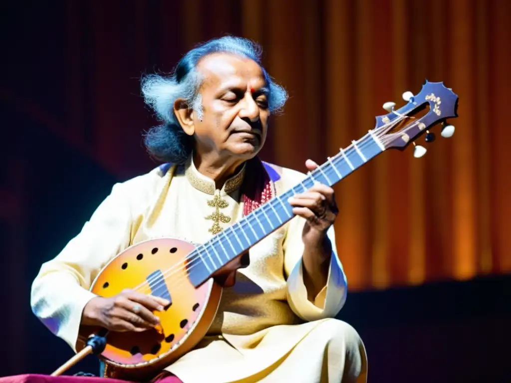 Ravi Shankar tocando el sitar en un concierto, con influencia del sitar en psicodelia, expresión concentrada y colores vibrantes