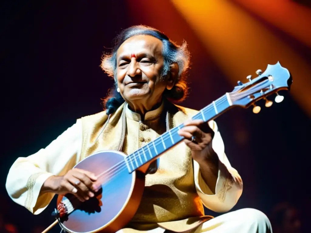 Ravi Shankar interpreta el sitar en concierto, con luces vibrantes y detalles intrincados