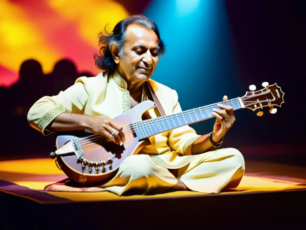 Ravi Shankar tocando el sitar en un concierto de rock de los 60, fusionando la música clásica india con el rock occidental