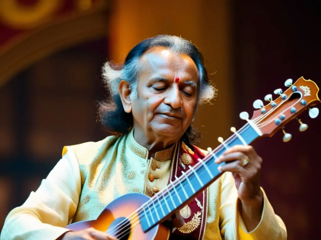 Ravi Shankar tocando el sitar en vivo, inmerso en la música