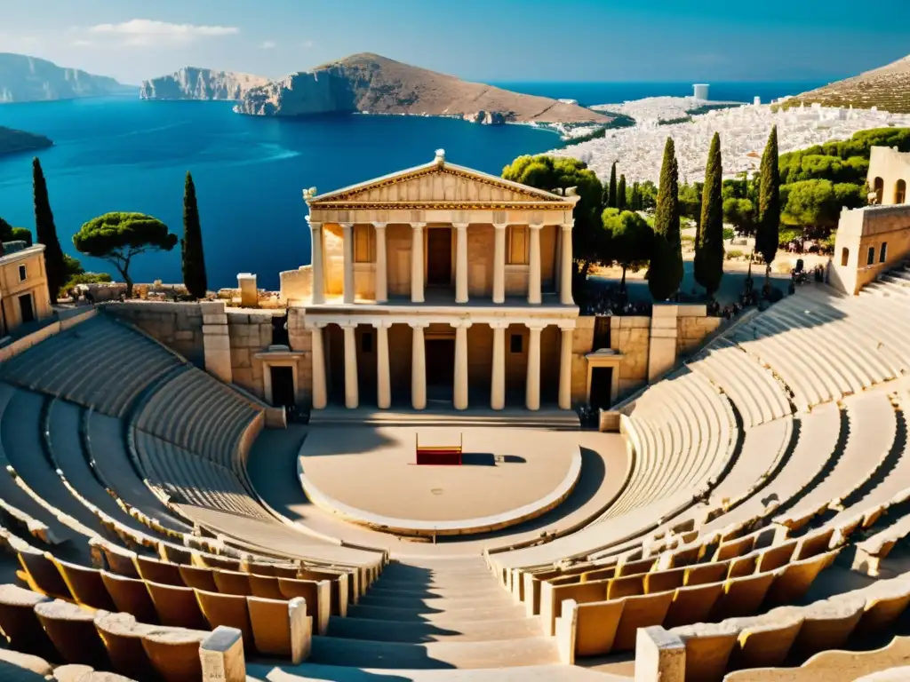 Reconstrucción de sonidos de la lira en la antigua Grecia, escenario teatral con músicos y espectadores, detallando la rica herencia cultural