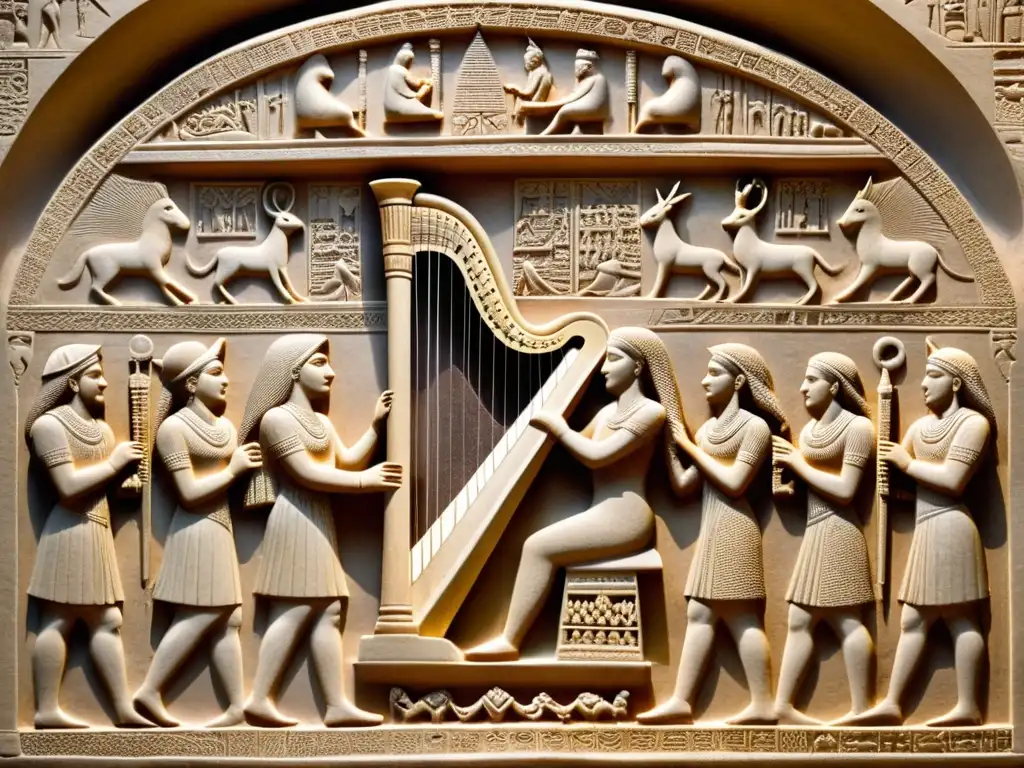 Relieve detallado de músico tocando arpa en Mesopotamia, con nobles y símbolos