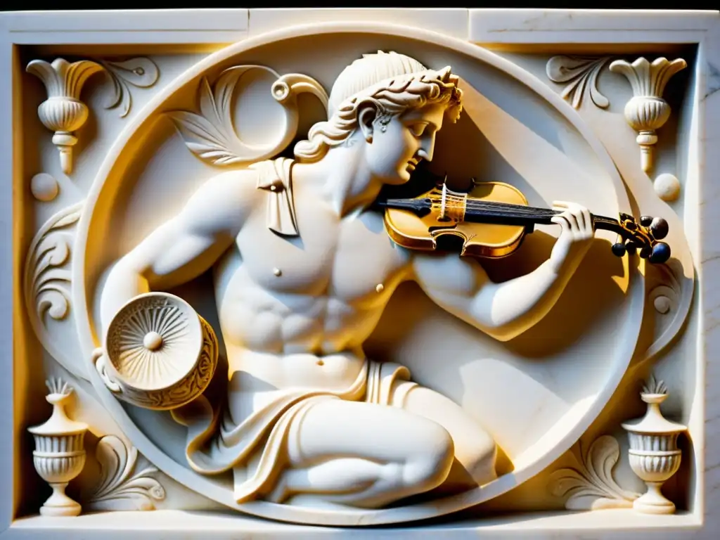 Relieve de mármol griego antiguo de Apolo tocando la lira, bañado en cálida luz natural, mostrando la influencia de la lira en la música