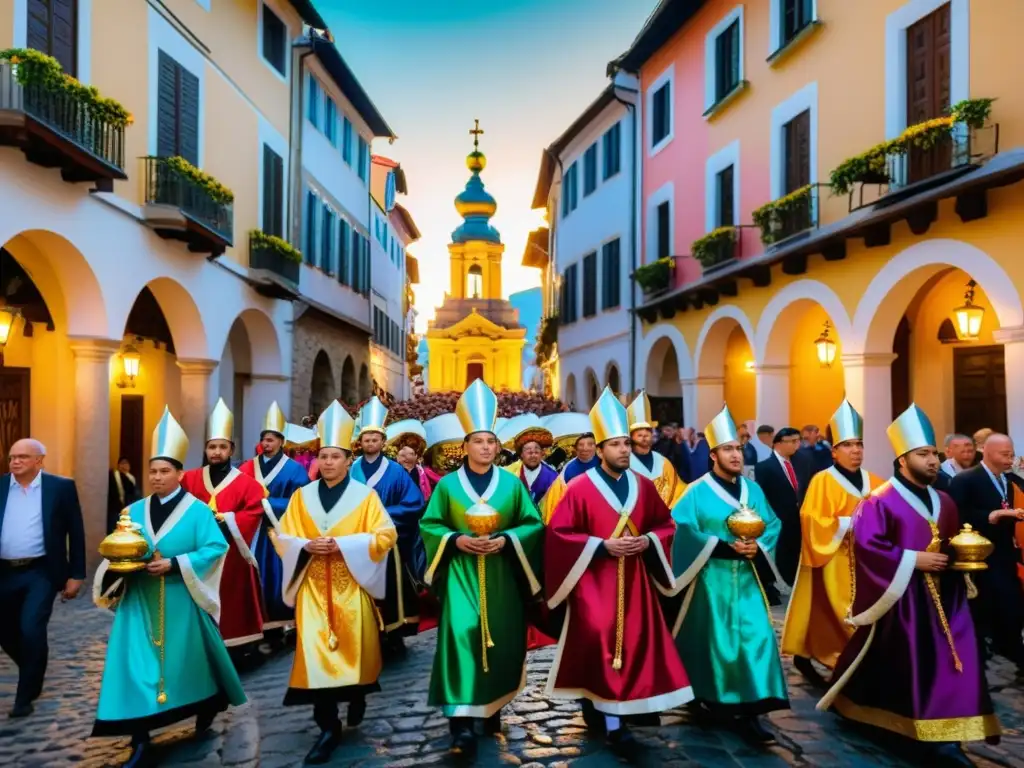 Procesión religiosa con música, coloridos trajes y ornamentos religiosos en calles históricas, que reflejan identidad cultural