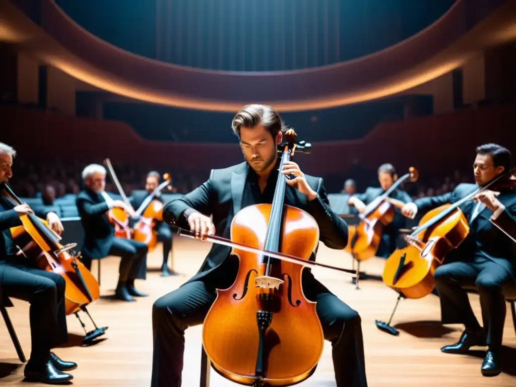 Un renombrado violonchelista interpreta su música en un violonchelo eléctrico moderno, rodeado de un público diverso en una sala de conciertos