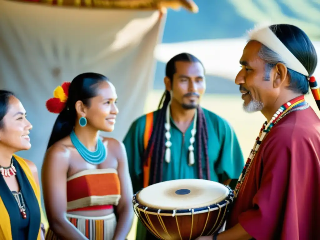 Un representante de la UNESCO presenta un instrumento musical tradicional a músicos indígenas en un sitio de patrimonio cultural