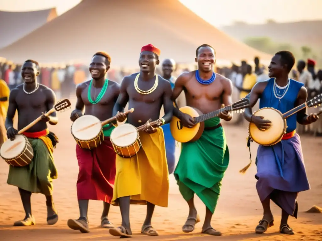 Resistencia cultural del Ngoni en Mali: músicos Ngoni interpretando música tradicional, rodeados de espectadores entusiastas al atardecer