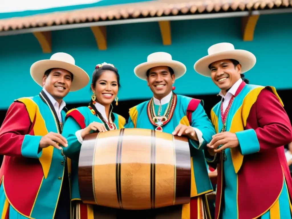 Una fotografía de alta resolución estilo documental de músicos peruanos tradicionales tocando el cajón peruano en un evento cultural