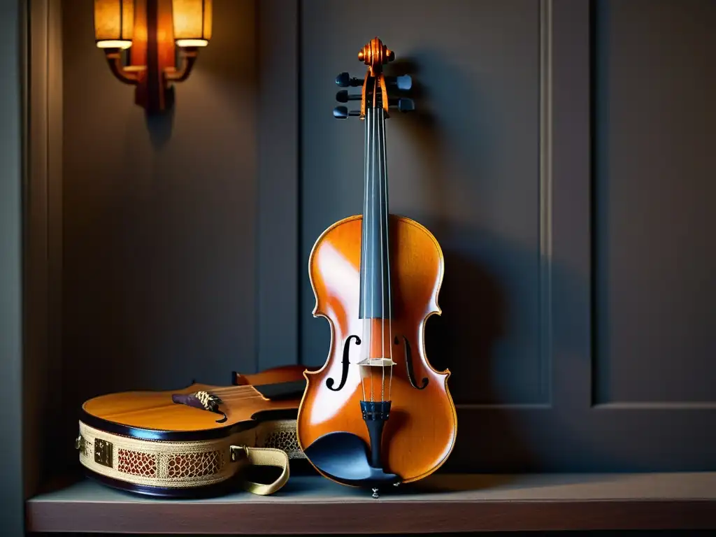 Una fotografía de alta resolución de un instrumento musical tradicional, como un violín artesanal o un sitar meticulosamente tallado, en una habitación con poca luz, exudando atmósfera