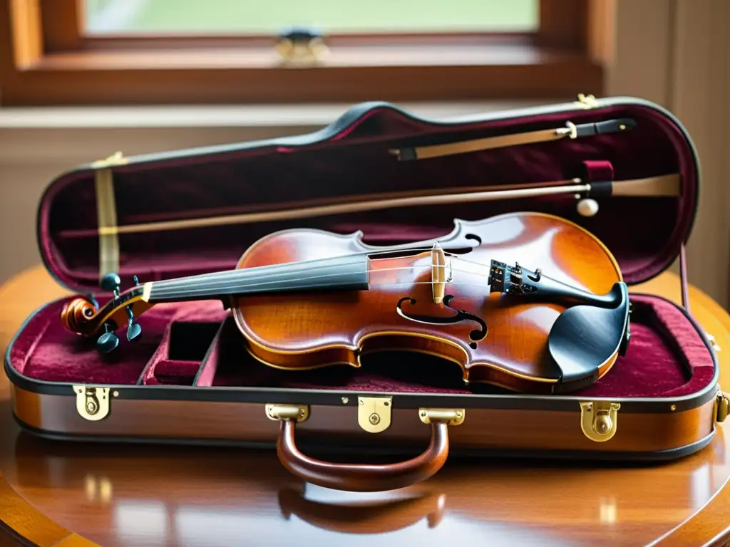 Una fotografía de alta resolución de un violín vintage en un estuche de madera forrado de terciopelo