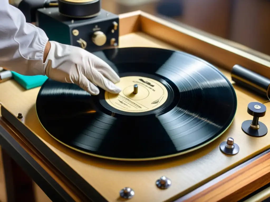 Restauración de sonidos en grabaciones viejas: Detallada limpieza de un vinilo antiguo resaltando su delicada naturaleza