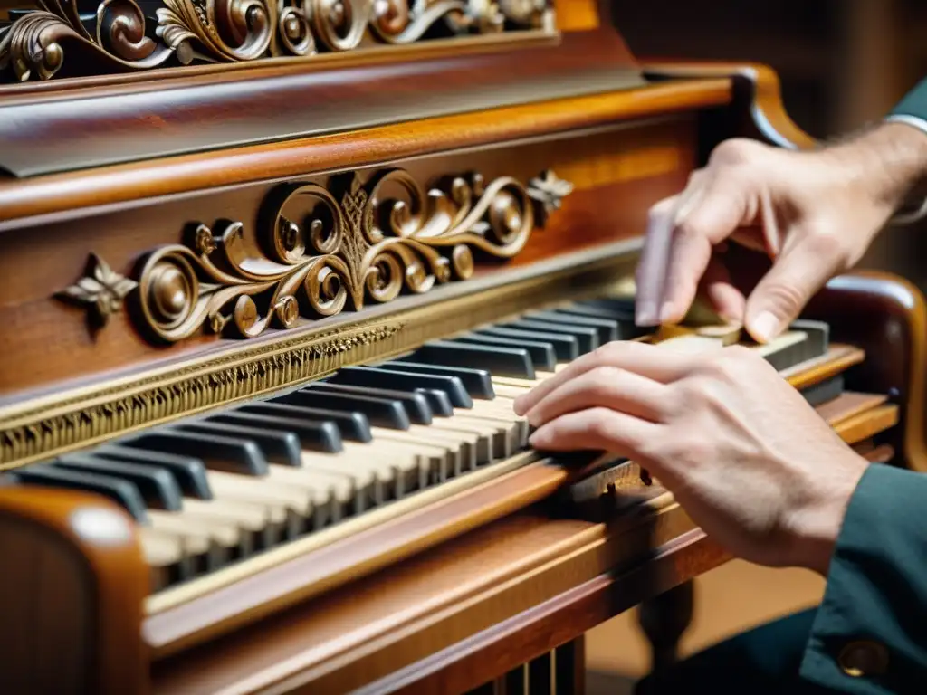 Restaurador cuidadoso resucita la magia de un antiguo piano, resaltando la artesanía de la madera en restauración de pianos y órganos antiguos