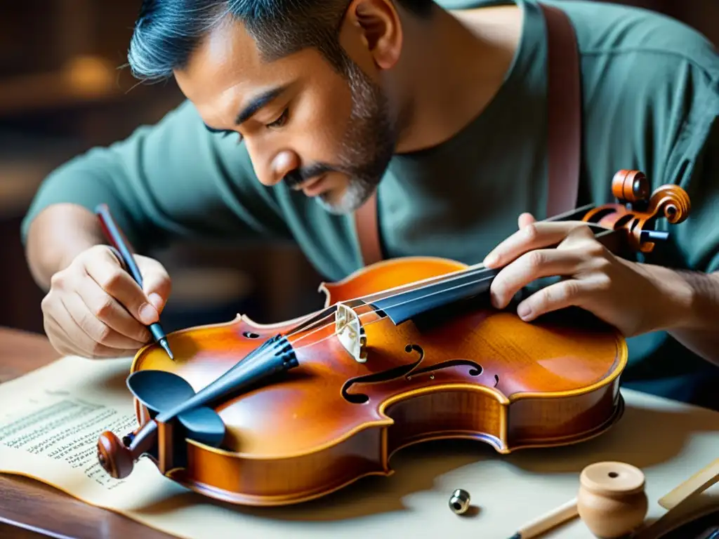 Un restaurador de instrumentos musicales con herramientas meticulosamente restaurando un violín antiguo, mostrando destreza y dedicación