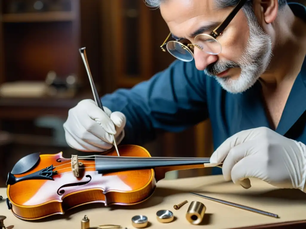 Un restaurador de instrumentos musicales con herramientas, realizando meticulosamente la restauración de un violín vintage