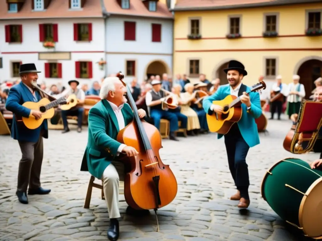 Resurgimiento del acordeón diatónico en la animada plaza de un pueblo europeo, con músicos y espectadores entusiastas