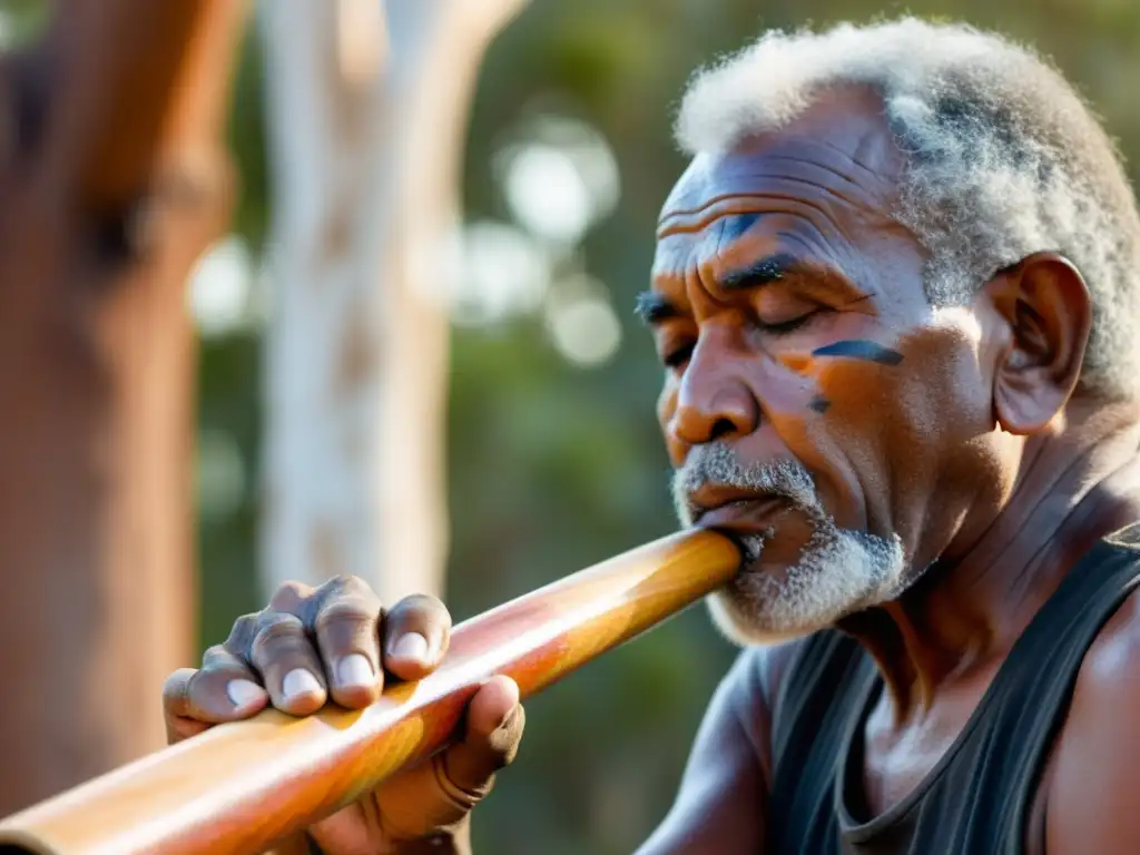 Retrato de un anciano aborigen tocando el didgeridoo en un entorno tradicional al atardecer