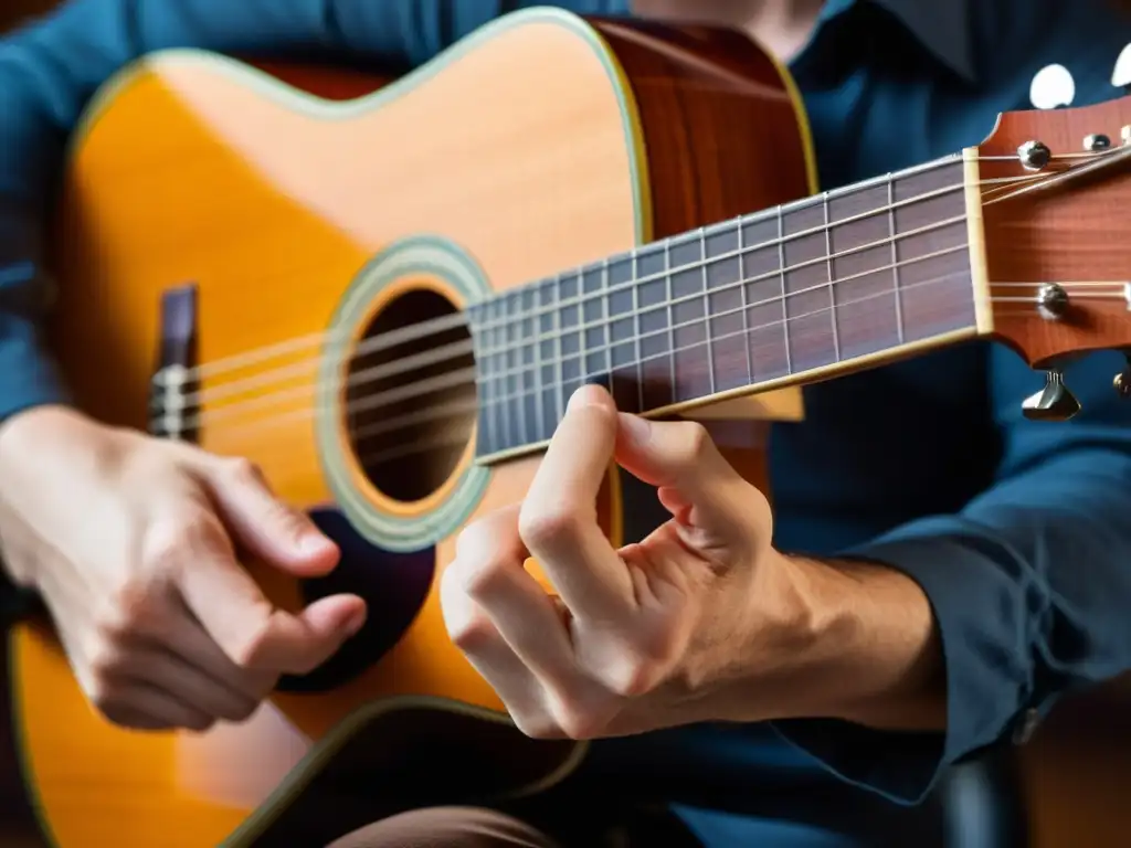 Un retrato artístico de la técnica trémolo en guitarra clásica, capturando la destreza y pasión del intérprete