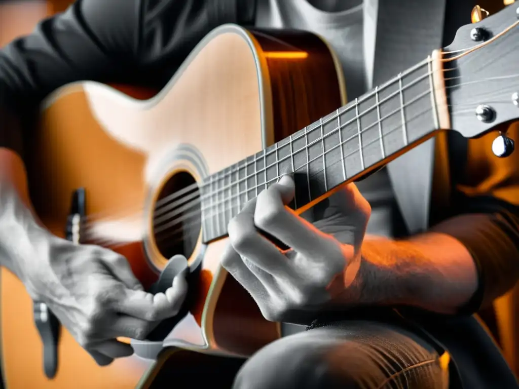 Un retrato en blanco y negro de las manos de un guitarrista tocando con intensidad