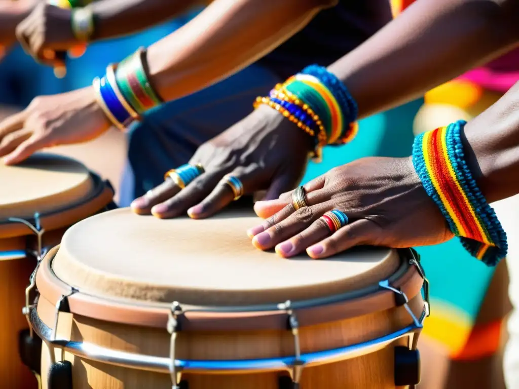 Un retrato cercano de manos tocando tambores conga, capturando el ritmo y movimiento de los dedos del músico