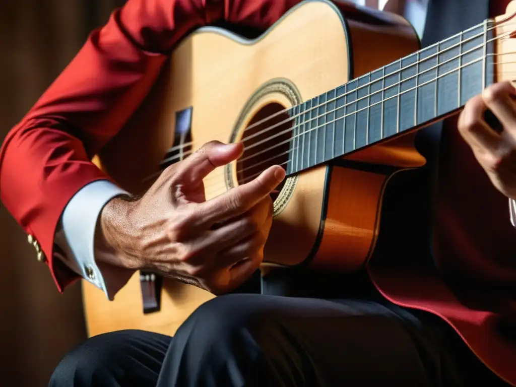 Un retrato detallado y apasionado de un guitarrista flamenco, capturando la intensidad y emoción de una actuación apasionada