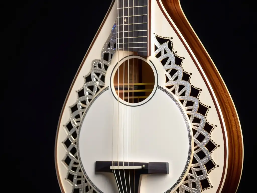 Un retrato detallado de un bouzouki eléctrico moderno, fusionando la tradición griega con innovación en la música