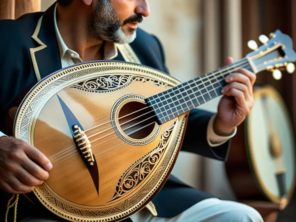 Un retrato detallado en 8k de un bouzouki griego tradicional, destacando su artesanía, historia, sonido y belleza única