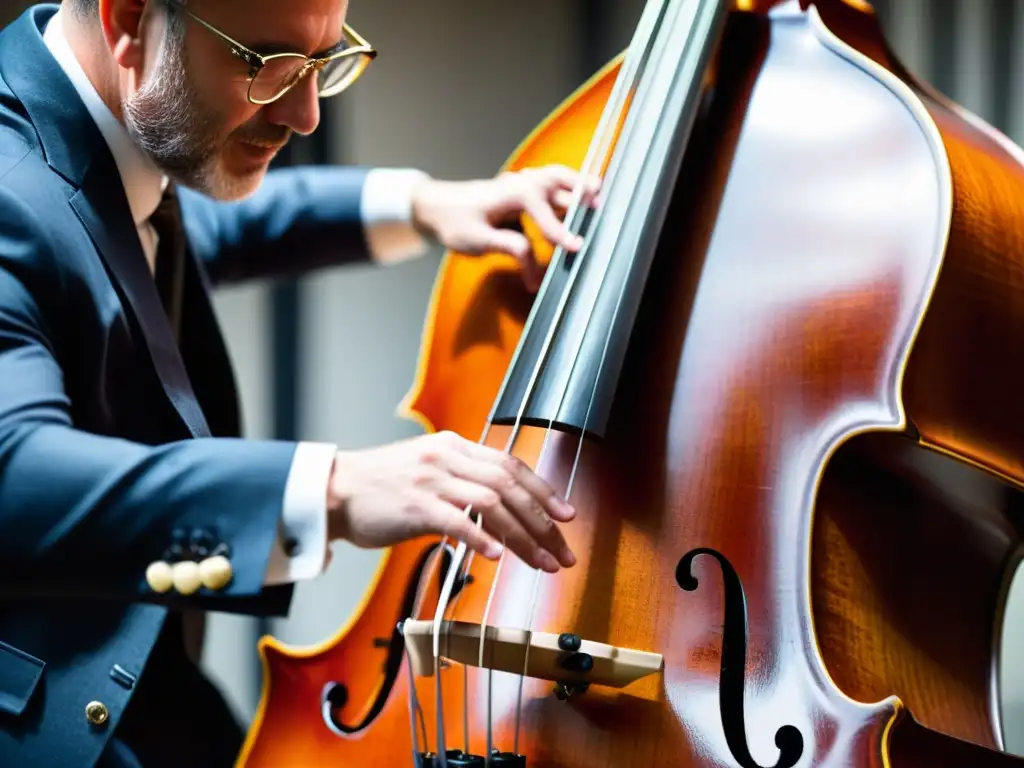 Un retrato detallado de un contrabajista de jazz tocando la técnica walking bass, con movimientos dinámicos y tensión en las cuerdas