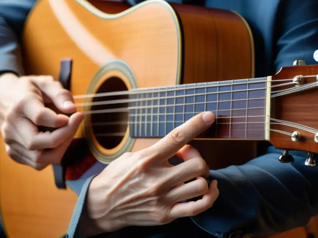 Un retrato detallado y emocionante de las manos de un hábil guitarrista tocando fingerstyle guitarra polifonía con gracia y destreza