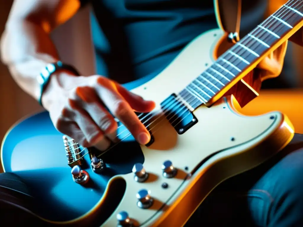 Un retrato detallado y envolvente de la técnica de tapping en la guitarra eléctrica, destacando la destreza y expresión del músico