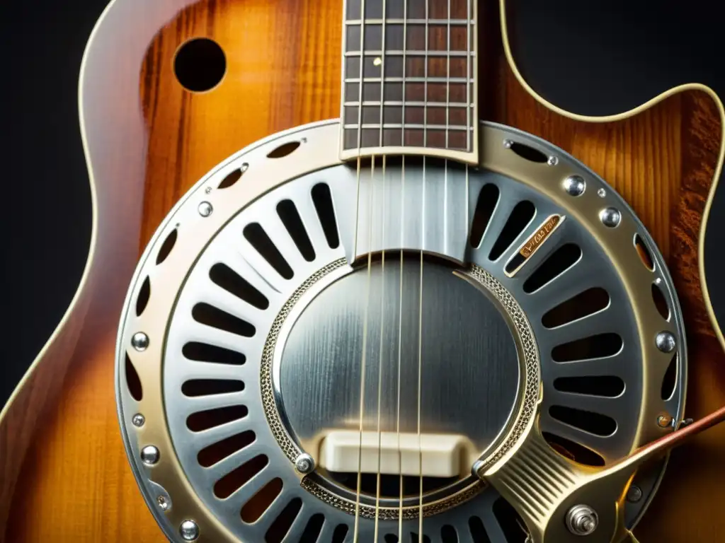 Un retrato detallado de una guitarra resonadora vintage, mostrando intrincados trabajos de metal y el desgaste de años de uso