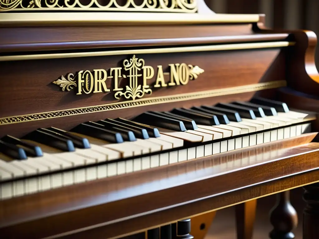 Un retrato detallado de un hermoso fortepiano, resaltando su artesanía delicada y su rica historia