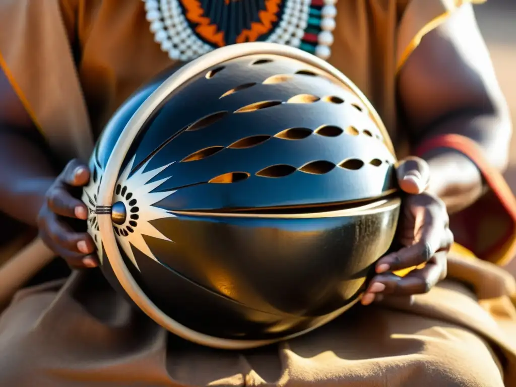 Un retrato detallado del instrumento musical uhadi Xhosa, sus carvings y detalles, manos del músico pulsando las cuerdas