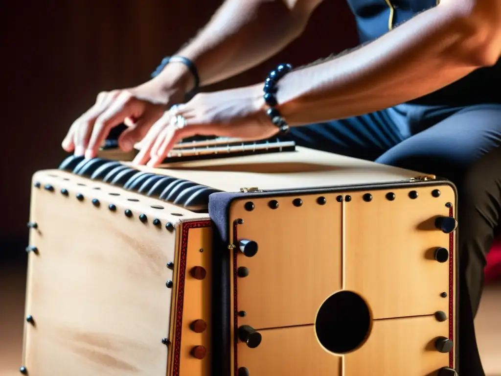 Un retrato detallado de manos expertas tocando el cajón, destacando la energía y pasión de la percusión flamenca: ritmos y técnicas