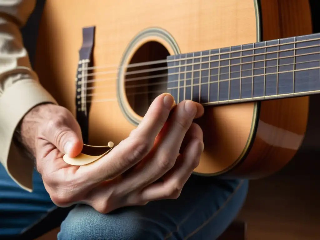 Un retrato detallado de las manos de un guitarrista experto tocando una guitarra clásica, resaltando la pasión y precisión en la educación musical