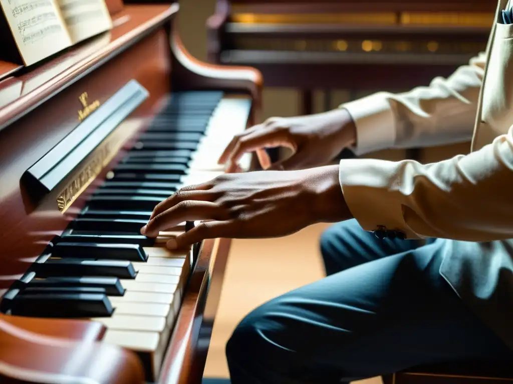 Un retrato detallado de manos tocando un piano, mostrando la destreza y técnica en las Técnicas de acompañamiento en teclado