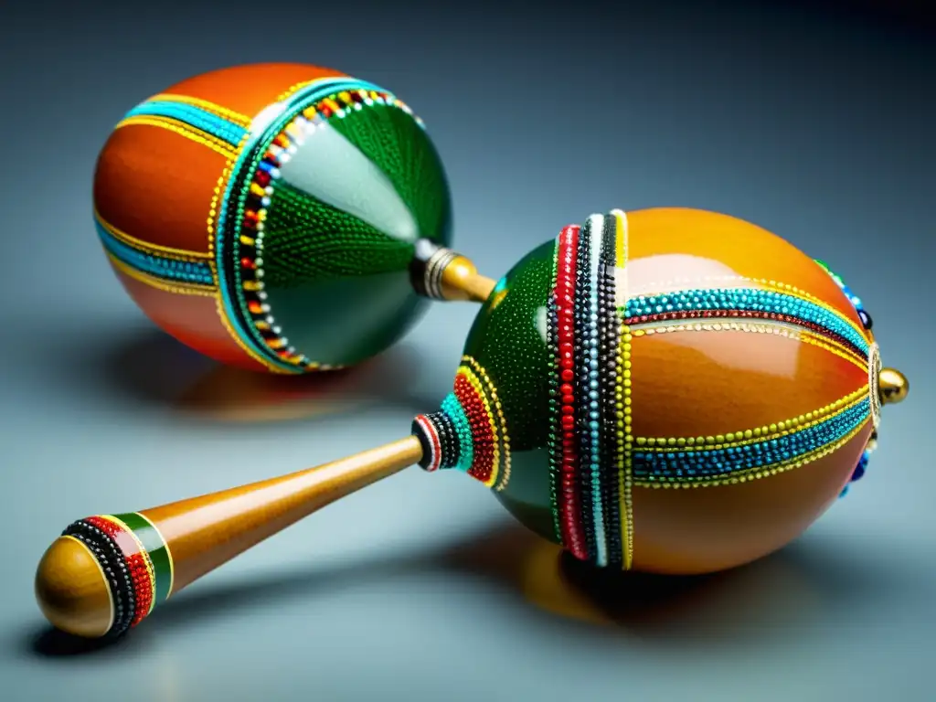 Un retrato detallado de maracas tradicionales hechas a mano con diseños geométricos coloridos