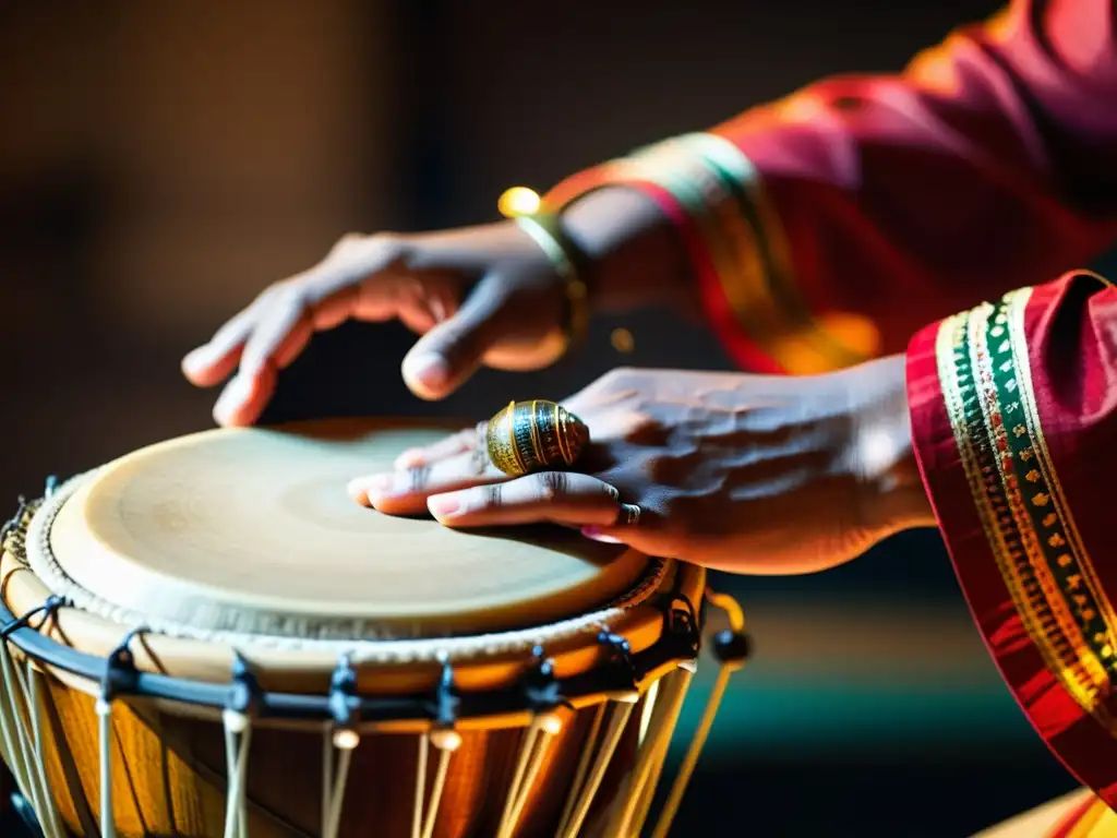 Un retrato detallado de un músico de tabla inmerso en una actuación, resaltando la precisión de sus movimientos y la artesanía del tambor