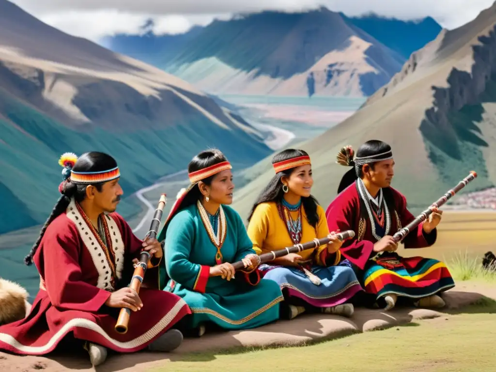 Un retrato detallado en 8k de músicos andinos tocando la quena frente a un paisaje montañoso