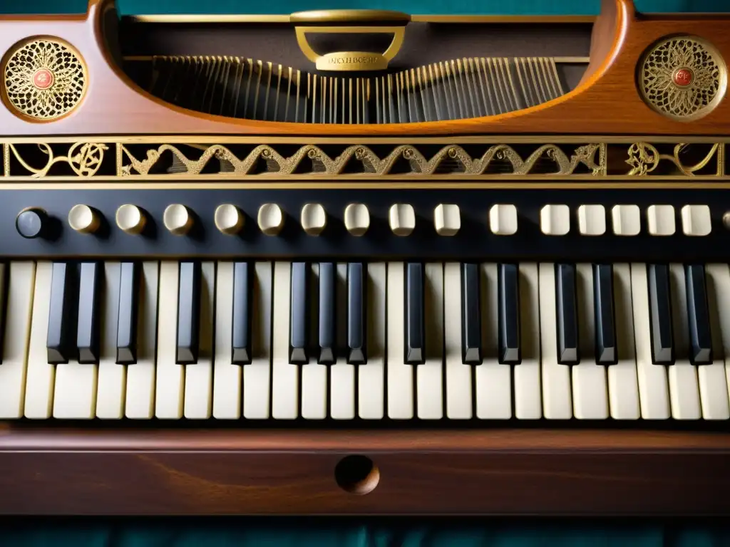 Un retrato detallado y ultradetallado de un teclado de dulcitone, con un diseño intrincado y madera envejecida