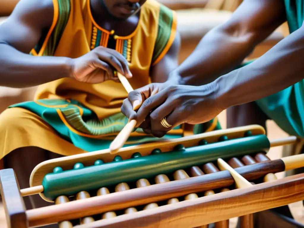 Un retrato documental de artesanos africanos creando una marimba con herramientas y materiales naturales, rodeados de elementos culturales vibrantes