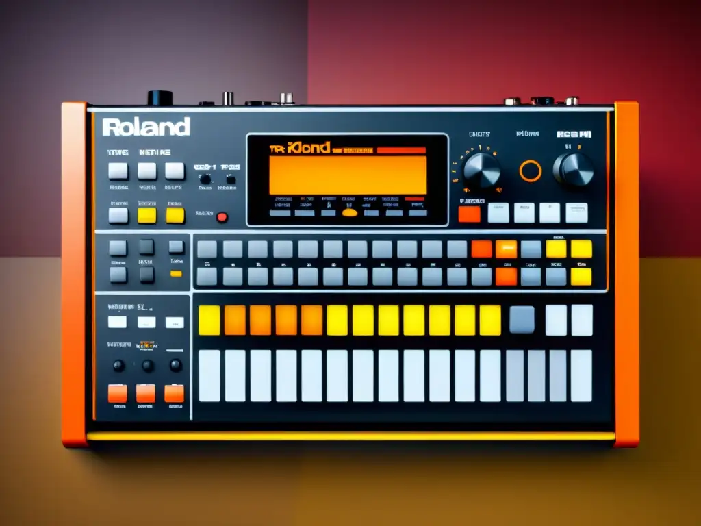 Un retrato documental de alta resolución de una clásica Roland TR808, destacando su diseño icónico y botones, con énfasis en su impacto en la configuración cultural y musical