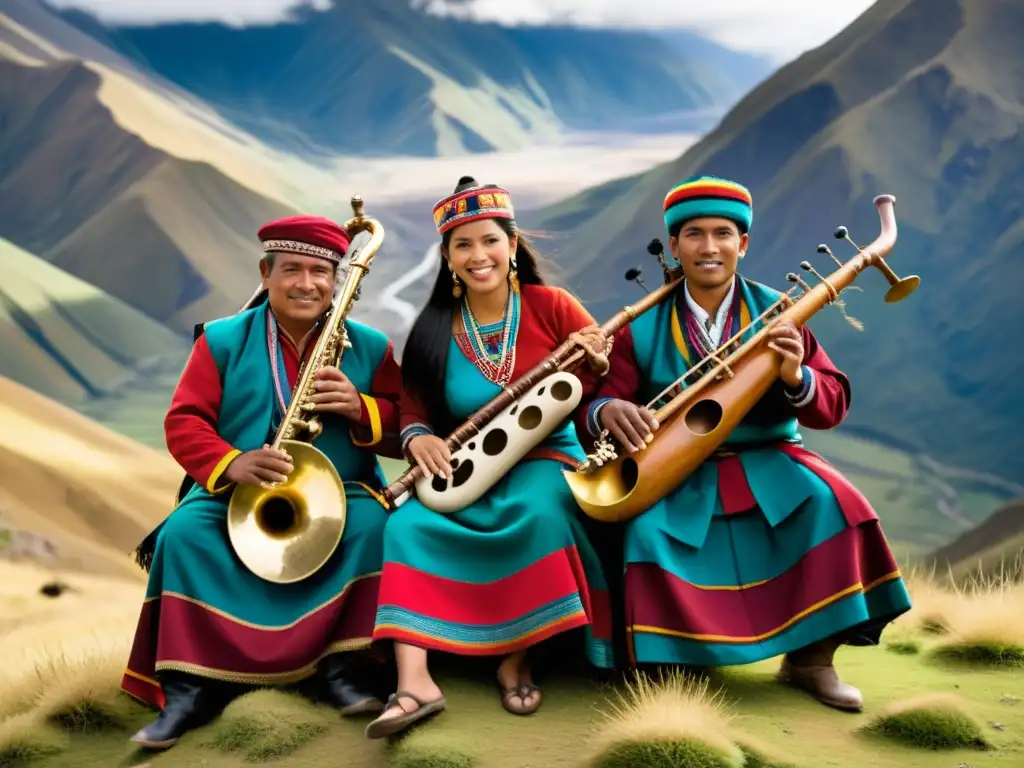 Un retrato documental de músicos andinos tocando instrumentos musicales ancestrales contemporáneos frente a un impresionante paisaje montañoso