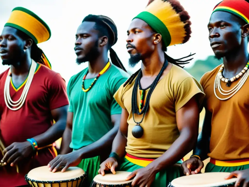 Un retrato documental de alta resolución de los bateristas Nyabinghi Steppers tocando apasionadamente sus tambores tradicionales en una reunión rastafari