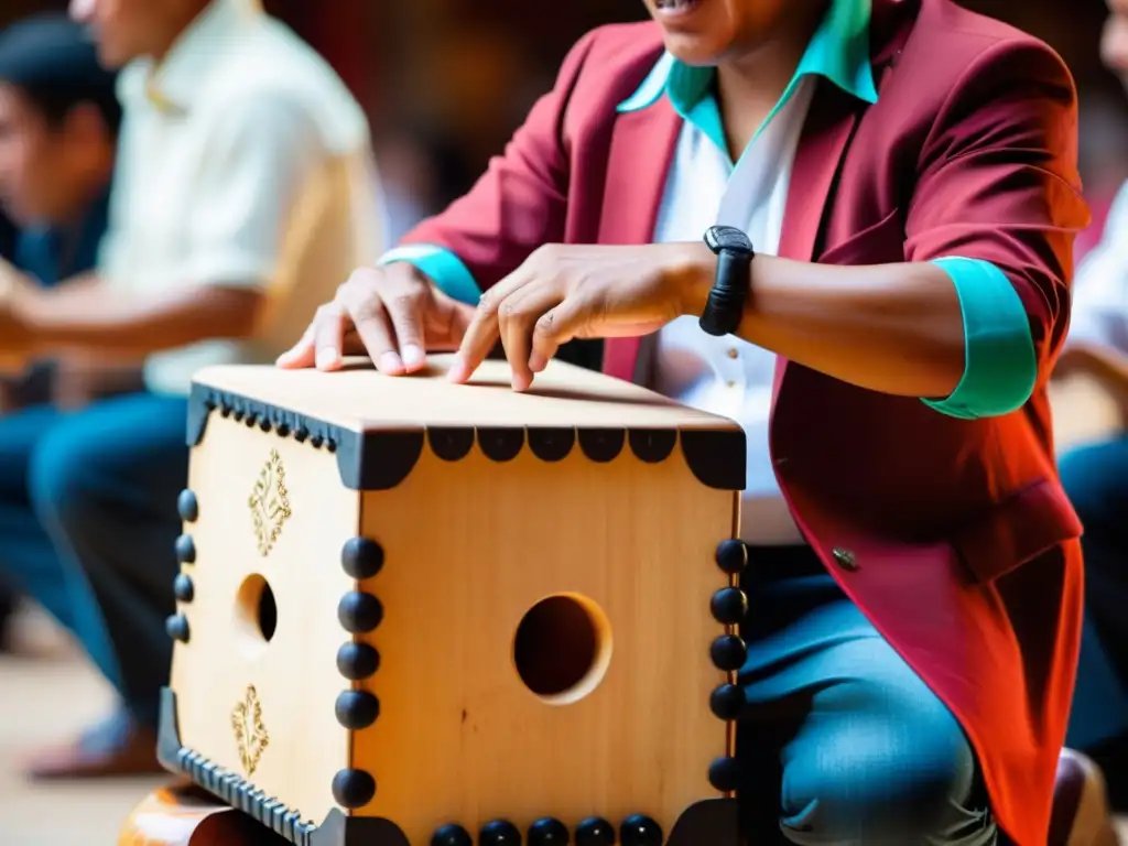 Un retrato documental de alta resolución de un cajón peruano tradicional siendo tocado durante una animada presentación musical